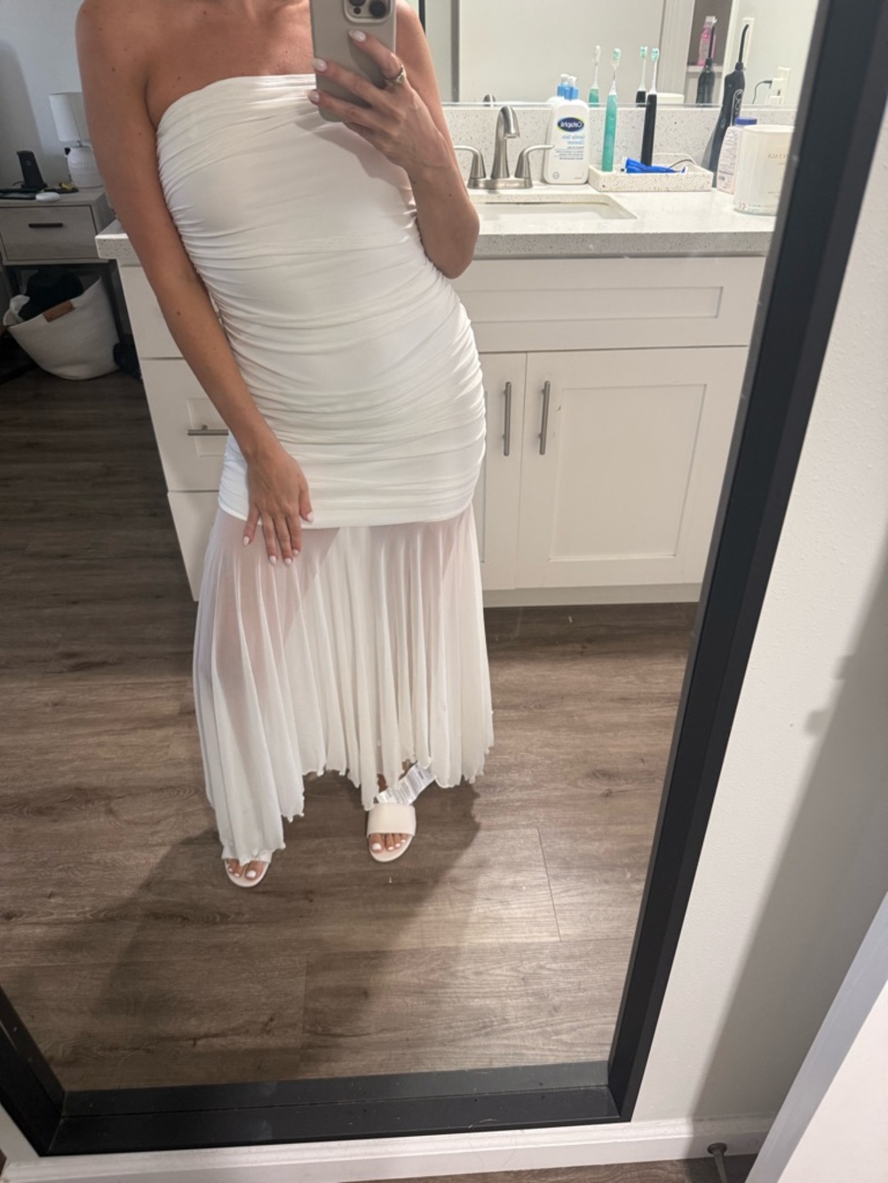 superdown White Strapless Ruched Maxi Dress with Sheer Skirt